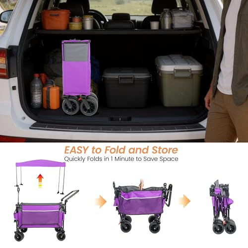 Folding Wagon Cart with Removable Canopy 480LBS Utility Cart on Wheels - color: Purple Canopy