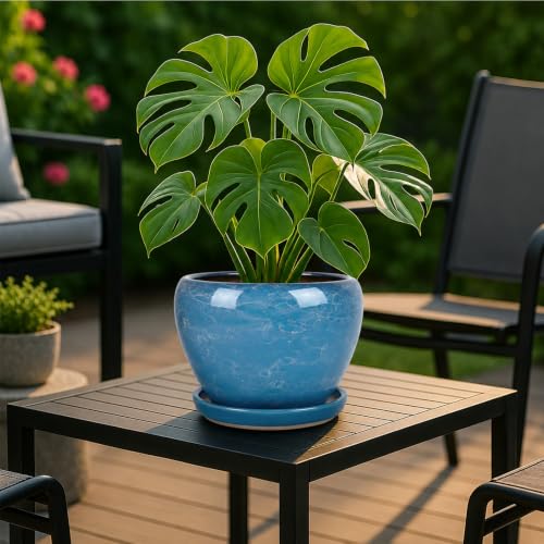Deep Dream 8 Inch Plant Pots- Ceramic Pots for Plants with Drainage Hole and Saucer, Large Planter Pot for Indoor Plants Outdoor Decor, Gemstone Blue - color: Gemstone Blue, size: 8 Inch