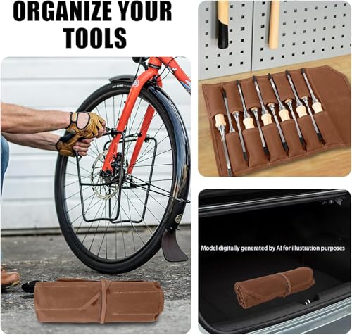Chisel Roll, 6 Pockets Roll Up Tool Pouch, Waxed Canvas Small Tool Roll - color: 12-Brown