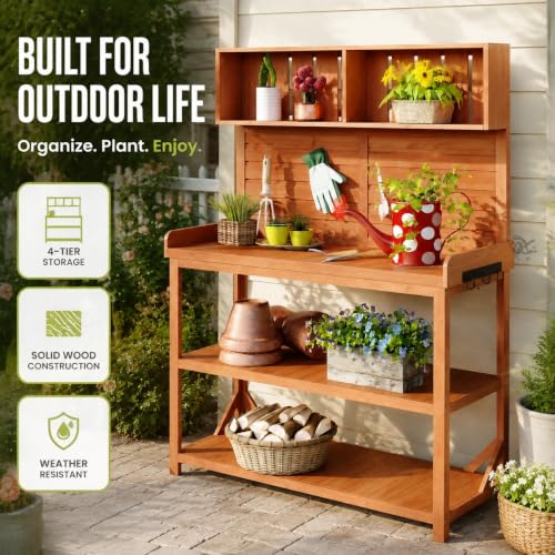 Garden Potting Bench, 65 Inch Wooden Patio Workstation with Storage (Natural) - color: Natural