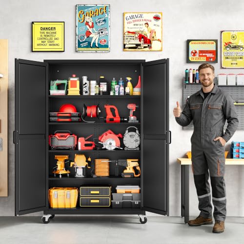 SISESOL Wide & Deep Metal Storage Cabinet with Wheels,Tall Rolling Garage Storage Cabinet with Doors,Black Metal Cabinets and Adjustable Shelves,Tool Locker for Garage,Home,Office,43''Wx 20''Dx71''H - color: Black, size: 71"H x 43.3"W x 20"D