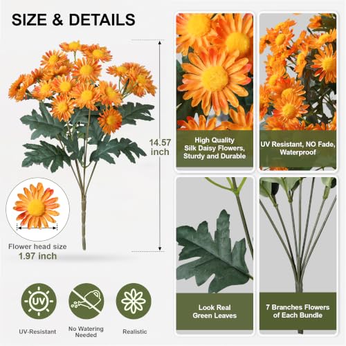 HyeFlora Artificial Fall Faux Mums Flowers Outdoor Plants for Decoration, 6 Bundles Fake Silk Orange Gerbera Daisy Flowers UV Resistant Look Real for Planter Outside Front Door Porch Patio Balcony - color: Orange-gerbera