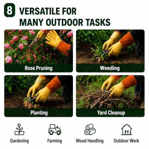 Thorn Resistant Garden Gloves for Men & Women, Premium Cowhide Leather Rose Pruning Gloves, Long Sleeve Gardening - size: Large