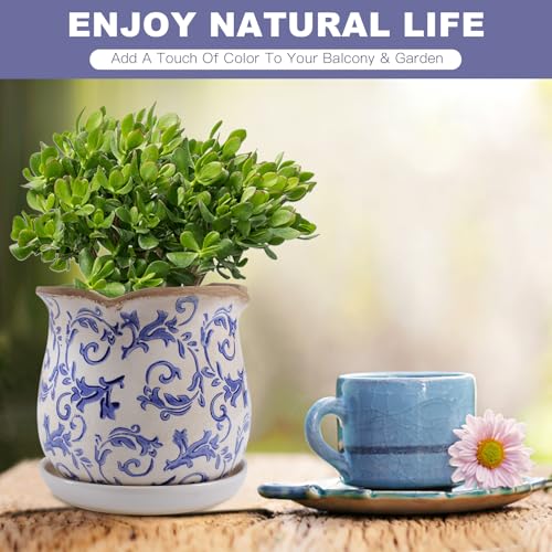 Ceramic-Planters-for-Indoor-Plants with Saucer, 6 inch Vintage Ice Crackle Glaze Plant Pots with Drainage Holes, Decorative Flower Pots for Outdoor Garden Home Decor, Tuscan Pot for Plant - color: Blue Floral Vine