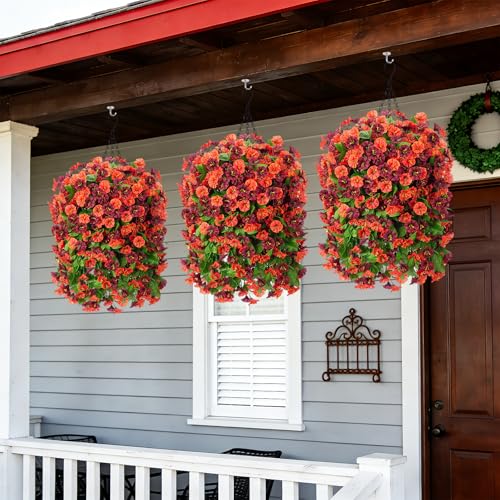 Fake Fall Artificial Outdoor Flowers Plant with Hanging Basket UV Resistant - color: Orange Brown