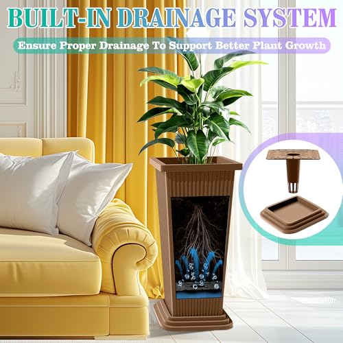 TUYOHW 24 Inch Tall Tapered Square Planters (Set of 2) - Indoor Outdoor Large Flower Pots with Built-in Drainage & Matching Water Tray for Patio, Garden, Home - Brown - color: Brown-ribbed