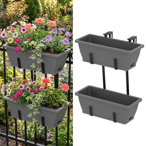 CADUKE 2 Tier Deck Railing Planter Boxes, Adjustable Hanging Railing Planter, Outdoor Railing Flower Boxes, Window Flower Boxes for Deck Railings, Gray - color: Gray