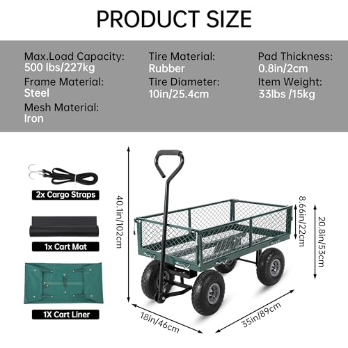 440 Lbs Steel Garden Cart, Heavy‑Duty Green Utility Wagon for Yard Work - color: Green