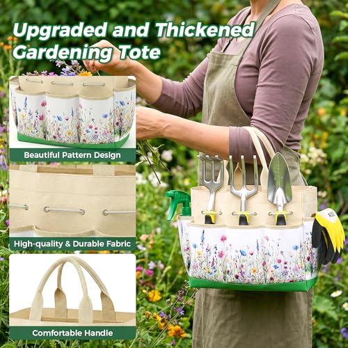 Gardening Tools 10-Piece, Heavy Duty Garden Tool Set with Fashion and Durable Garden Tools Organizer Handbag, Rust-Proof Gardening Hand Tools Weeding Kit, Ideal Gardening Gifts for Women - color: Yellow