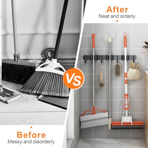 2 Pack Mop and Broom Holder Wall Mount for Kitchen Garden Garage Laundry - color: Black, size: 2 Pack 3 Racks with 4 Hooks