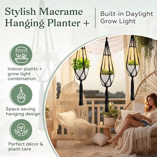 Huquary 3 Pack Macrame Hanging Plant Hanger with Grow Light,Black - color: Black