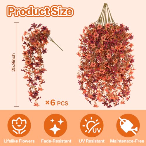 6 Pcs Artificial Hanging Mums for Outdoors, UV Resistant Fake Fall Flowers - color: Red Orange With Fall Leaves