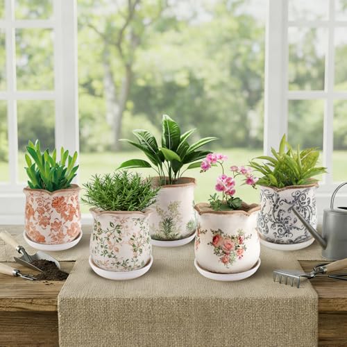 Ceramic-Planters-for-Indoor-Plants with Saucer, 6 inch Vintage Ice Crackle Glaze Plant Pots with Drainage Holes, Decorative Flower Pots for Outdoor Garden Home Decor, Tuscan Pot for Plant - color: Gray Swirl