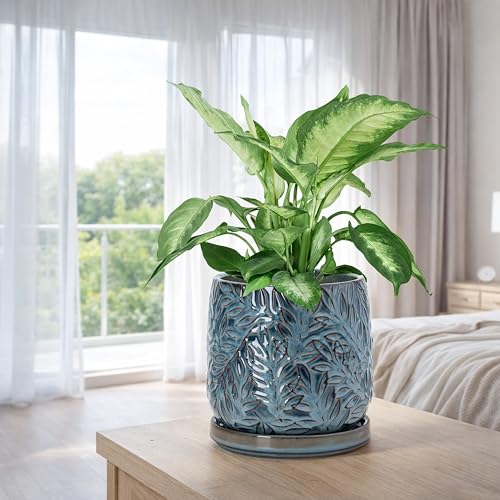 D'vine Dev Embossed Leaves Ceramic Planter, 6 in, Ocean Teal, 27-A-X-8 - color: Ocean Teal, size: 6 Inch