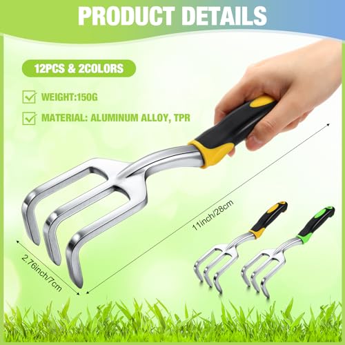 Yaocom 12 Pcs Hand Rake Garden Tool Mini Rake Heavy Duty Garden Cultivator 11 Inches Small Rake for Gardening Aluminum Alloy Hand Tiller with Soft TPR Handle for Digging Weeding Loosening Soil - color: Yellow, Green, style: 3-tine Rake