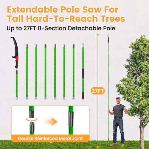 27ft Manual Pole Saw, Extendable Pole Tree Pruner with Sharp Blade and Scissors, Lightweight 8 Fiberglass Handle Pole, High Branch Trimming Tool for Garden Palm Shrub Fruit Tree Pruning - size: 27FT