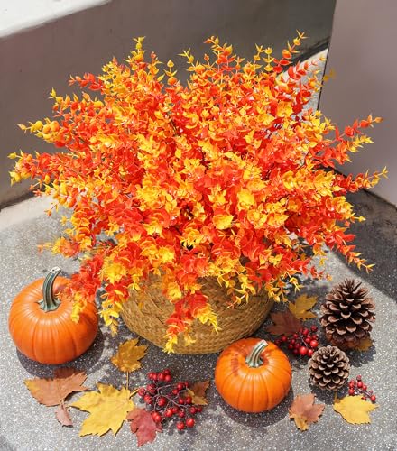 Artificial Plants for Outdoor Fall Plants Fake Greenery for Autumn Decor, 12 Bundles Faux Orange Boxwood Look Real UV Resistant Fake Plants for Outside Home Porch Patio Planters Yard Front Door - color: Orange Eucalyptus