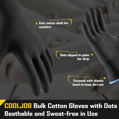 COOLJOB 12 Pairs Cotton Work Gloves with Non-Slip Grip Dots, Breathable Lightweight Gloves for Construction Gardening - color: Black (Pack of 12), size: Large