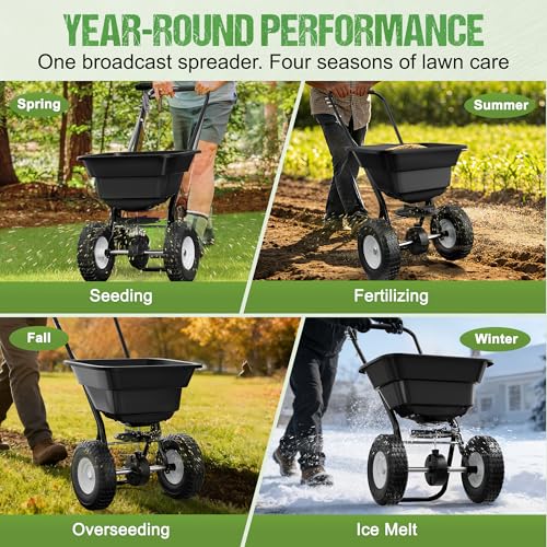 PPOLB Broadcast Spreader for Lawns, 80LB Fertilizer Spreader with 25-Level Flow Control, Walk Behind Lawn Seed & Salt Spreader, 0–10FT Coverage, Hopper Screen, Rain Cover, 12" Pneumatic Wheels - size: 80LBS
