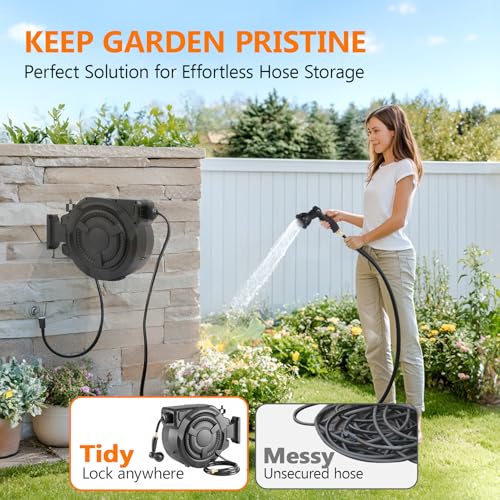 wikiwiki Retractable Garden Hose Reel, 1/2" x 65FT, Auto Rewind Wall Mount - size: 1/2 in 65 ft