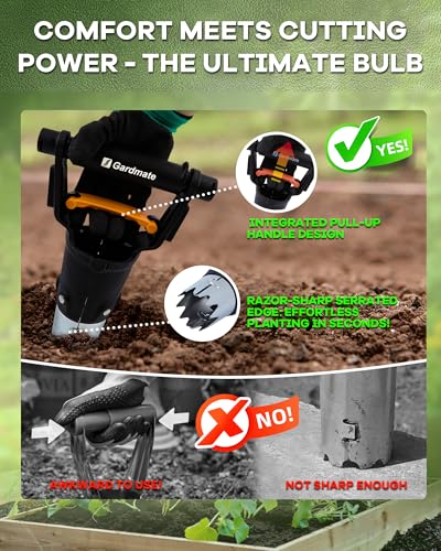 Bulb Planter Tool - One-Touch Automatic Bulb Planter for Bulbs, Seeds & Seedlings - Stainless Steel Garden Bulbs Dibber with Ergonomic Handle - No Bend Planting Tool with Gloves & Brush