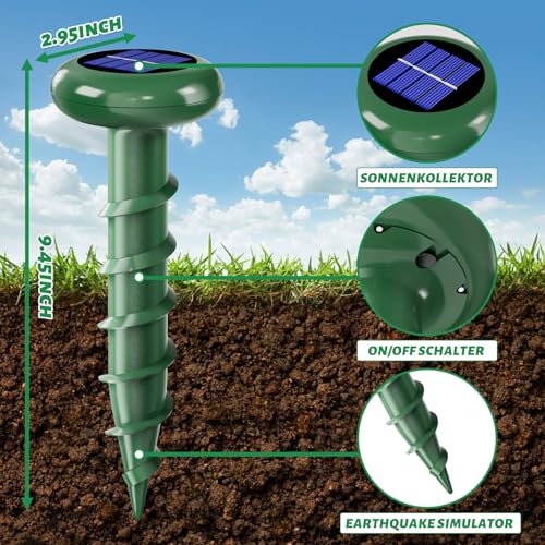 Solar Powered Ultrasonic Mole Repellent,Outdoor Animal Repellent Effective Get Rid of Snake Skunk Vole Groundhog Chipmunk Squirrel,Yard Garden Spiral IP 65 Waterproof Sonic Spikes(6 Pack)