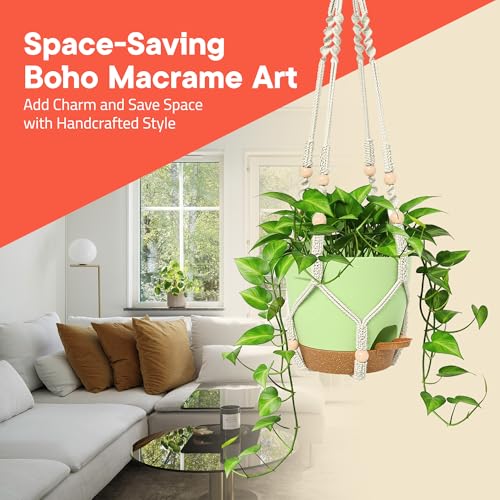 Green Hanging Self Watering Pots with Macrame Ivory Rope, 3 Pack Indoor & Outdoor Hanging Plant Pots with Built-in Reservoir, Wick Rope, Drainage Holes & Hooks, Stylish Boho Decor Hanging Planter - color: Green