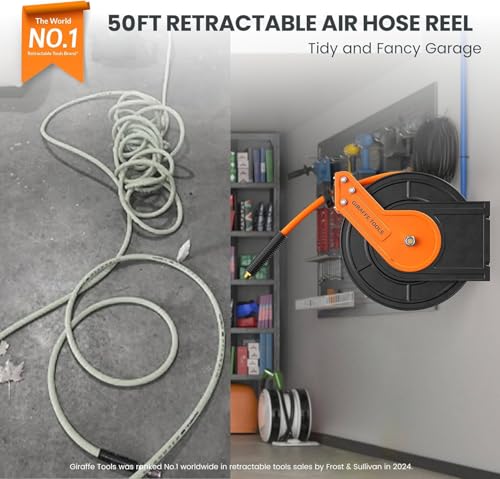 Giraffe Tools Retractable Air Hose Reel 50ft 3/8" Hybrid Hose Garage - size: 50ft