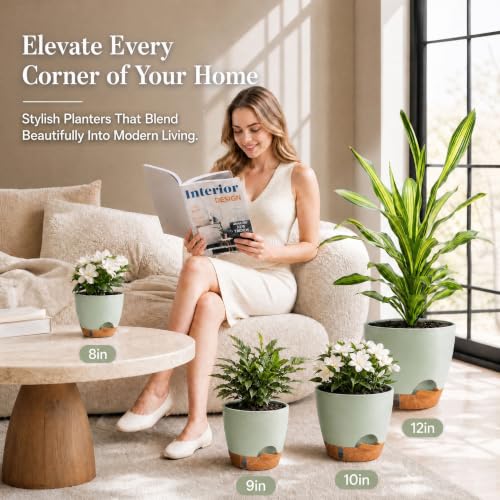 Self Watering Pots 12/10/8/9 Inch Large Indoor Outdoor Green Planters - color: Green