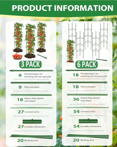 MYMULIKE 3 Pack Tomato Cages for Garden, 51in*13in Adjustable Tomatoes Plant Stakes Support Cages Trellis, Garden Trellis for Vegetable Flowers Fruits Climbing Plants- 20 Binding Wires Included - size: 3pack-51in*13in