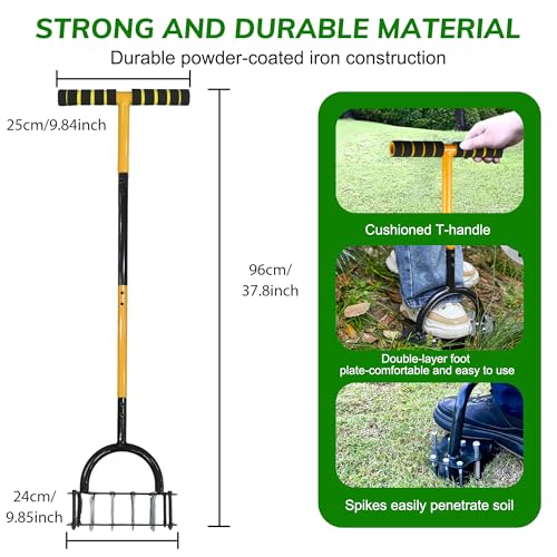 Garden Lawn Aerator & Aerator Lawn Tool - Manual Grass Plug Aerators & A Cleaning Tool, Coring Aeration Tools, Manual Yard Aerator for Lawn with 15 Spikes, Automatic Dirt and Leaf