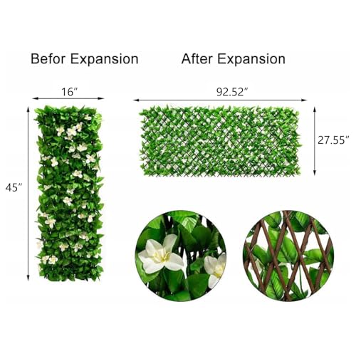 DOEWORKS Expandable Faux Ivy Trellis Fence, Patio Privacy Screen, 2 Pack - color: Green with White Flowers, size: 16 x 45 in, 2 Panel