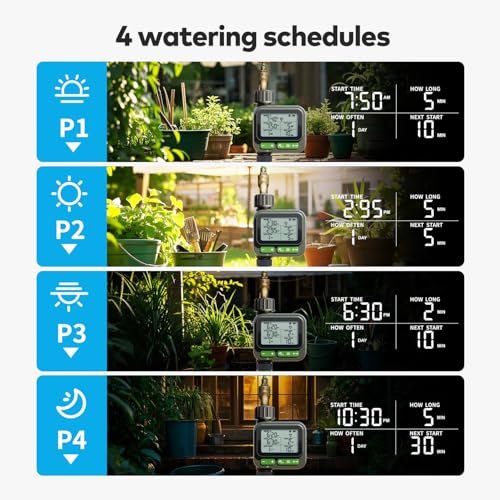 Sprinkler Timer, Programmable Irrigation Timers with 4 Customizable Programs, IP65 Waterproof, Auto Rain Delay & Child Lock, Digital Water Timer for Lawn Yard Garden Hose