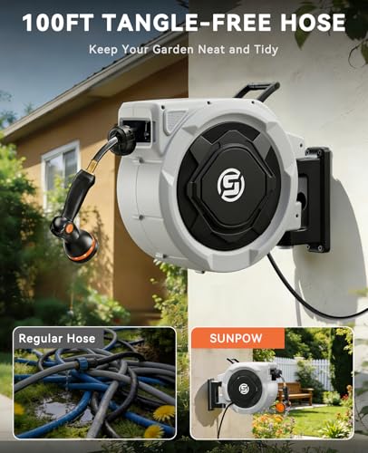 SUNPOW Retractable Garden Hose Reel - 5/8in x 100ft Heavy Duty Wall Mounted Hose Reel with 3/4in Brass Fitting & 10 Function Nozzle - Any Length Lock, Auto Rewind System, 180°Swivel Bracket - Gray - size: 5/8" 100FT