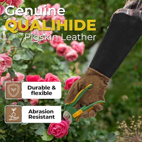 HANDLANDY Long Gardening Gloves for Men & Women, Pigskin Leather Rose Pruning Gloves, Breathable Thorn Proof Gauntlet Glove (Coffee Brown, M) - color: Coffee Brown, size: Medium (Pack of 1)