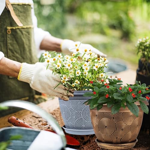 Fodetyff 8 Inch Flower Pots Planters for Indoor Outdoor Plants, 4 Pack Plastic Small Plant Pots with Drainage Hole & Tray, Modern Decorative Garden Pot with Saucer, Plant Container for House - color: Gold, size: 8 inch-4 pack
