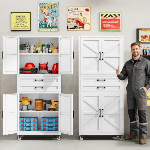 SISESOL Metal Storage Cabinet with Wheels and Drawers,Rolling Garage Storage Cabinet with Doors and Adjustable Shelves,73" Mobile Tall Large Metal Tool Cabinets for Home,Office,Garage(White) - color: White, size: 73"H-B