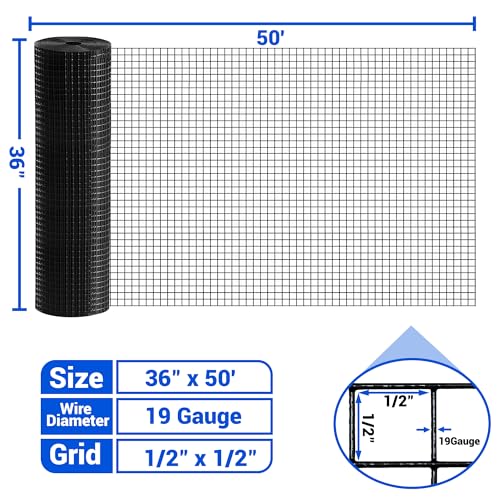 Black Hardware Cloth 19GA 1/2 inch 36inch(H) x 50ft(L),19 Gauge Wire Metal Mesh Roll for Chicken Coop Garden Fence,Powder Coated Galvanized Welded Fence for Poultry Cage Home Improvement Projects - color: Black, size: 19GA 1/2x1/2 36"x50'
