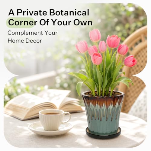6.6 Inch Ceramic Planters with Drainage Hole and Saucer,Indoor Outdoor Large Flower Pots, Garden Pot for Plant Lovers (Drip Blue) - color: Drip Blue, size: 6.6 Inch