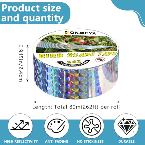 Bird Scare Tapes 262FT*1 Reflective Flash Tape for Birds, Bird Scare Device Double Side Ribbon Scare Birds Away for House, Garden, Yard, Orchard, Patio, Outdoor - size: 262ft*1-Roll-Packaging