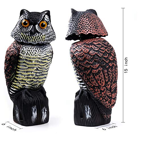 Hedoc 2 Pack Fake Owl Decoys to Scare Birds Away(15 inch), Rotating Head Sculptures, Nature Enemy Scarecrow Plastic Statues, Pest Repellent,Pigeon Deterrent Outdoor Yard, Garden Protectors