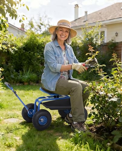Garvee Heavy Duty Garden Workseat, Garden Scooter Rolling Seat 360° Swivel - color: Blue