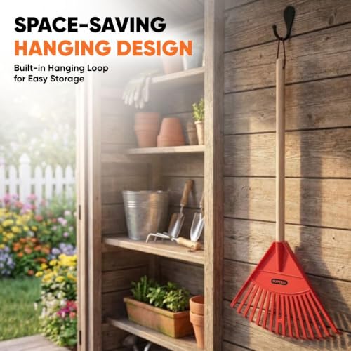 Superio Kids Leaf Rake, 34-Inch Lawn & Garden Rake with Hardwood Handle and Durable Plastic Head, Leaf Cleanup Tool, Red 1 Pack - color: Red