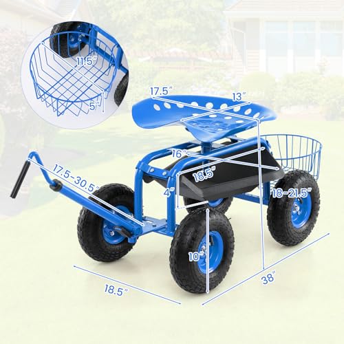 Rolling Garden Seat, Garden Stool with Wheels, Extendable Handle, Storage Basket & Tool Tray, Garden Scooter with 360 Degree Swivel Seat for Outdoor, Garden & Yard (Blue) - color: Blue