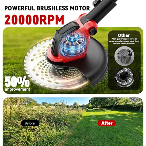 20000RPM Electric Weed Wacker Cordless with Wheel, 6000mAh Electric Weed Eater Battery Powered,4-in-1 Brush Cutter/String Trimmer/Grass Trimmer/Edger,Stringless Weed Trimmer,2 Battery
