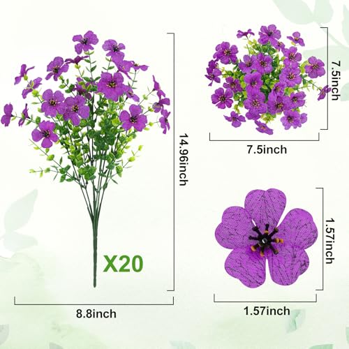 20 Bundles Artificial Flowers for Outdoors Fake Plants, Purple - color: Purple