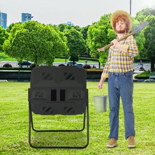 Compost Bin Outdoor Tumbler Compost Dual Chamber 43 Gallon Capacity BPA Free Rotating Batch Composting Tumbler with Sliding Doors All Season Composter for Garden Yard, Black