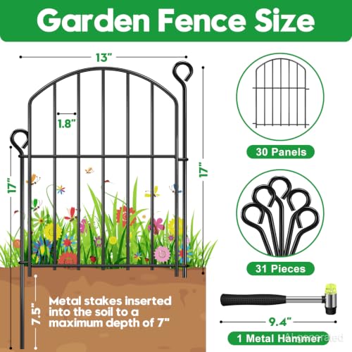 Decorative Garden Fence 17in (H) x30ft (L),Arched Rustproof Metal No Dig - size: 30 Panels-17in(H) x 30ft(L) without Gate