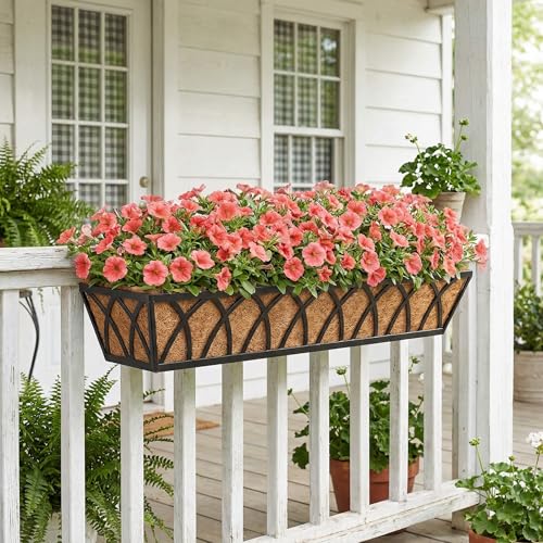Y&M 4 Pcs 30'' Deck Railing Planters Outdoor Balcony, Large Metal Window Box Deck Railing Planter with Coco Liner for Outdoor Balcony Porch Fence Patio Rail - size: X - 30in 4p