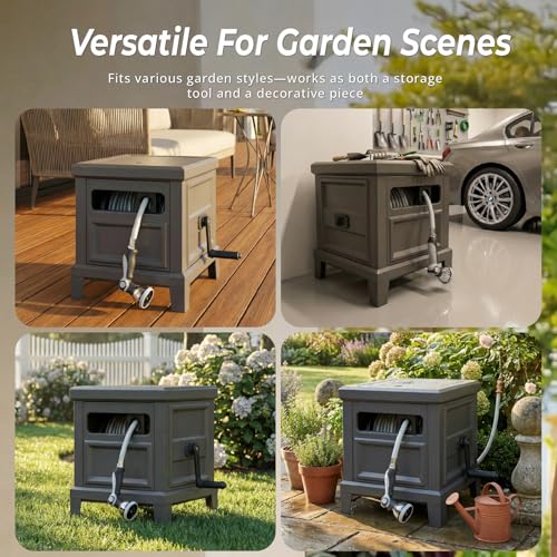 Heavy Duty Steel Garden Hose Reel Deck Box, Holds 125 ft x 5/8 inch Hose, Leak-Proof Aluminum Water System, Manual Crank with Hose Guide, 4-Leg 200LBS Stable Base, No Mount Required